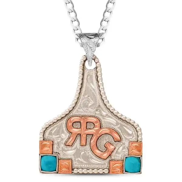 This simple yet elegant Cow Tag Necklace is crafted on a hand-engraved German Silver base. It features a beaded edge, turquoise stones, and a Copper Ranch Brand, offering a refined touch to your accessory collection. Personalize it to make it uniquely you